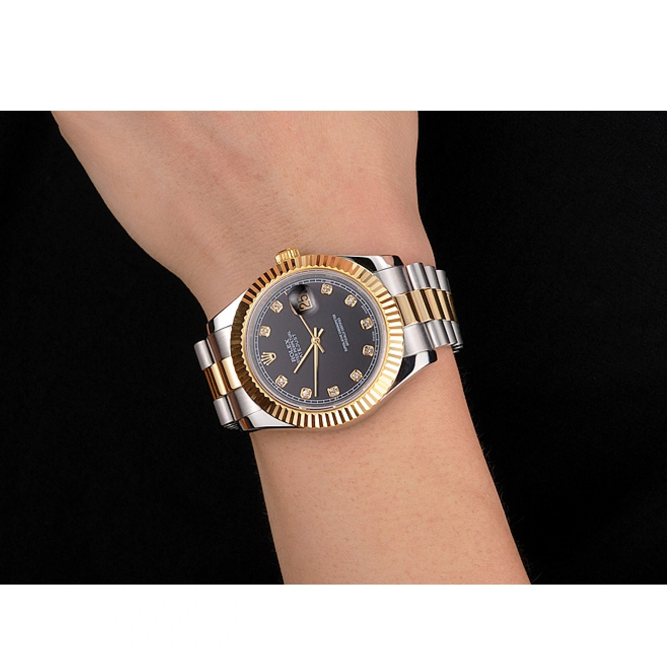 AAA Replica Watches Case Tone Swiss Gold Dial Bezel Two Bracelet Datejust Black Rolex Steel Stainless 1029